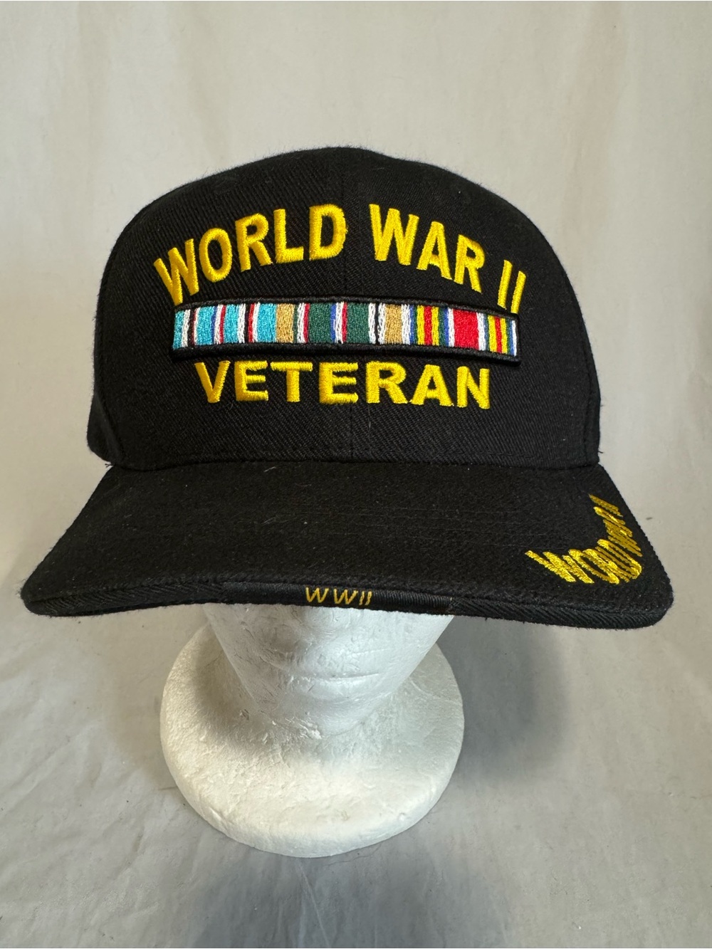 World War 2 Veteran Ball Cap Black WWII Acrylic  Hat adjustable hook & loop